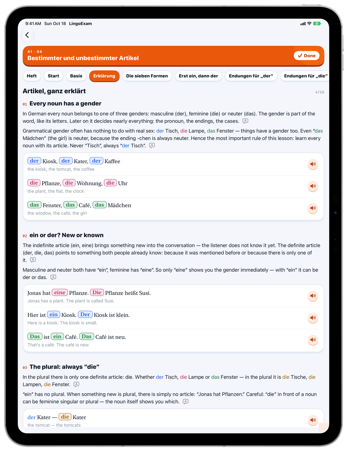 Lingotivo on iPad Pro: the grammar lesson 'Bestimmter und unbestimmter Artikel', explaining that every German noun has a gender, with der, die and das examples in colour and audio for each line.