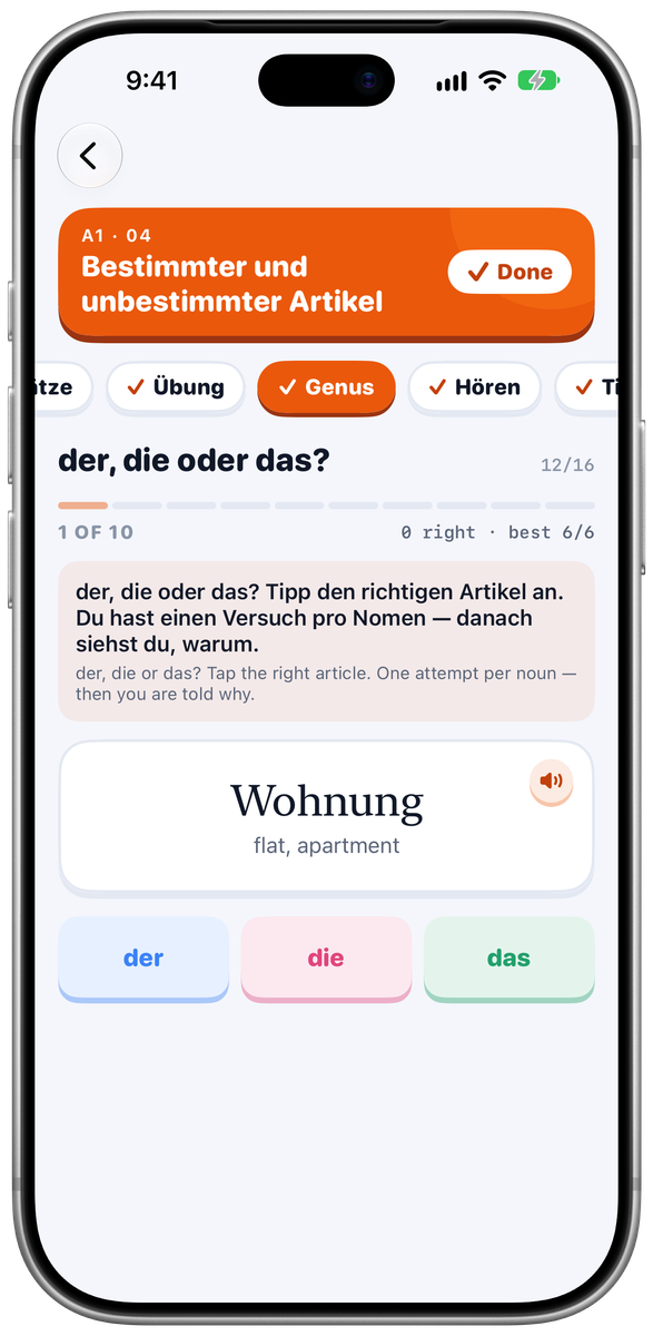 Lingotivo grammar drill on iPhone: 'der, die oder das?' asks for the article of Wohnung (flat, apartment) with three colour-coded answer buttons.