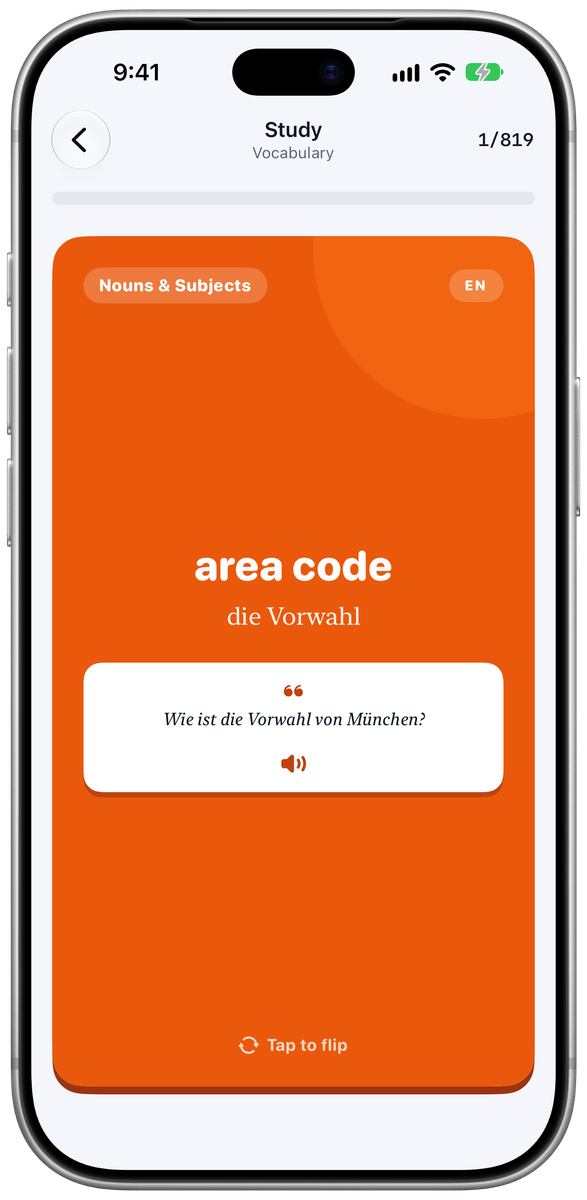 A flipped Lingotivo flashcard on iPhone: area code, die Vorwahl, with the example sentence 'Wie ist die Vorwahl von München?' and an audio button.