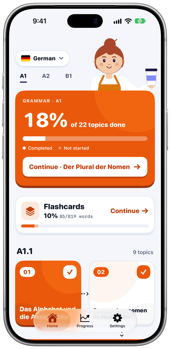 Lingotivo on iPhone: the German A1 home screen with Lea the guide, a grammar progress card at 18% of 22 topics with a Continue button, flashcards at 85 of 819 words, and the first grammar topics on the roadmap ticked off.