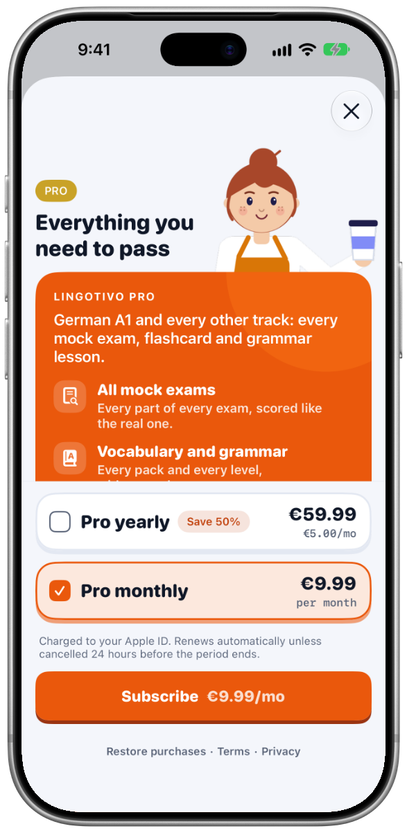 The Lingotivo Pro screen on iPhone: 'Everything you need to pass', listing all mock exams, vocabulary and grammar, offline study with web sync, and a Subscribe button.